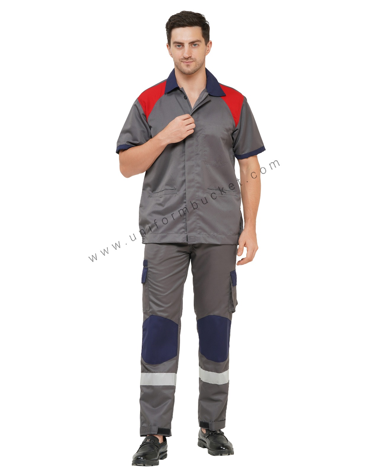 MALE WORKWEAR GREY SHIRT WITH RED FRONT YOKE & NAVY BLUE COLLAR thumbnail 2